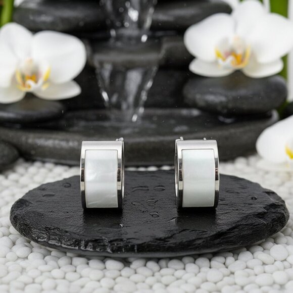 Elegant 18K Gold Plated Huggies Minimalist Earrings Mother of Pearl Inlay - Picture 5 of 10